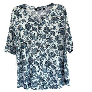 Lands End Womens Button Up Top sz XL Floral Knit Stretch Casual Boho